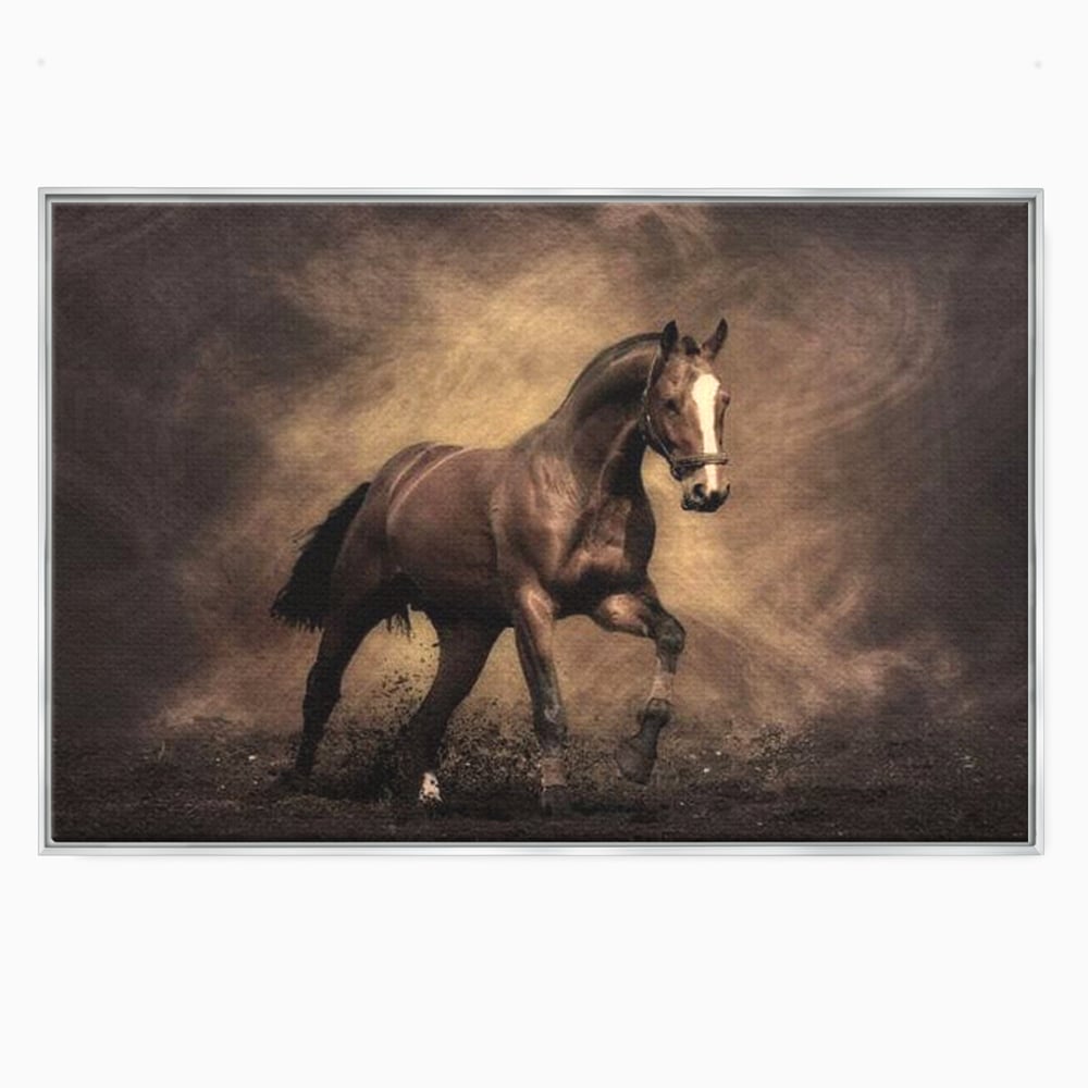 Tablou canvas cu tablou canvas cu cal maro in galop, in rama de aluminiu argintiu